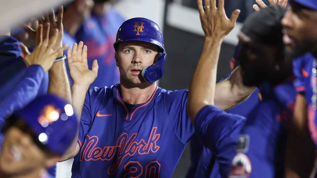 New York Mets first baseman Pete Alonso (20) celebrates in the dugout with his teammates after scoring in the seventh inning against the Atlanta Braves at Citi Field.