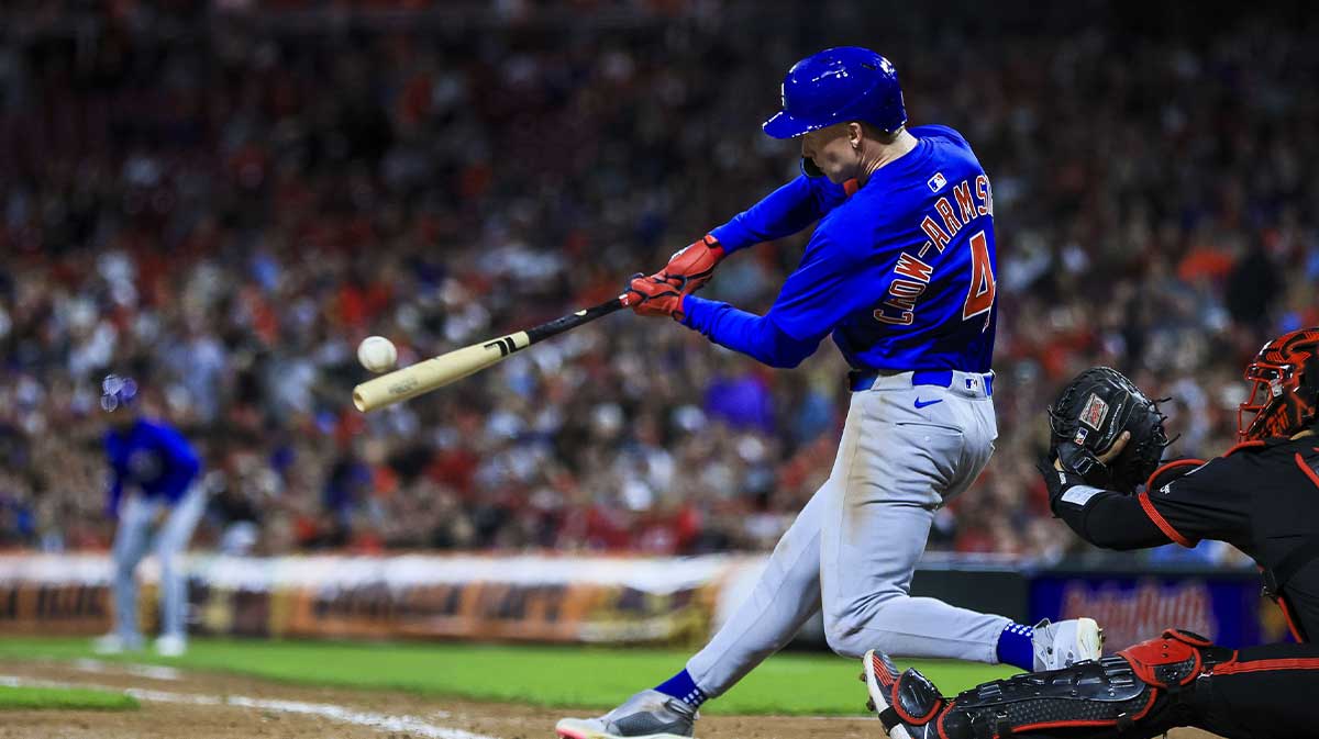May 23, 2025; Cincinnati, Ohio, USA; Chicago Cubs outfielder Pete Crow-Armstrong (4) hits a grand slam in the seventh inning against the Cincinnati Reds at Great American Ball Park.