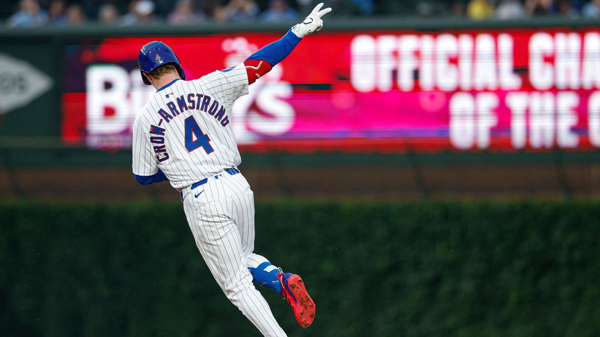 Jun 12, 2025; Chicago, Illinois, USA; Chicago Cubs center fielder Pete Crow-Armstrong (4) rounds the bases after hitting a two-run home run against the Pittsburgh Pirates during the fourth inning at Wrigley Field.