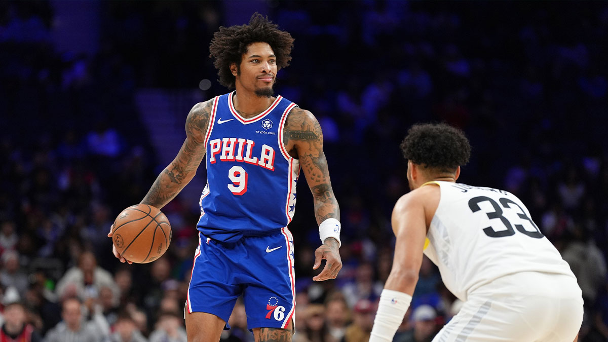 Philadelphia 76ers guard Kelly Oubre Jr (9) controls the ball against the Utah Jazz in the first quarter at Wells Fargo Center. Sochan