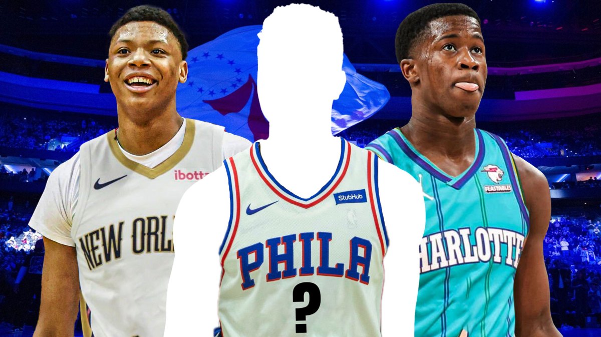Ace Bailey in a Pelicans jersey on the left, VJ Edgecombe in a Hornets jersey on the right, and the blacked-out silhouette of a player wearing a 76ers jersey with a ? as the number in the middle, with the 76ers basketball court as the background.