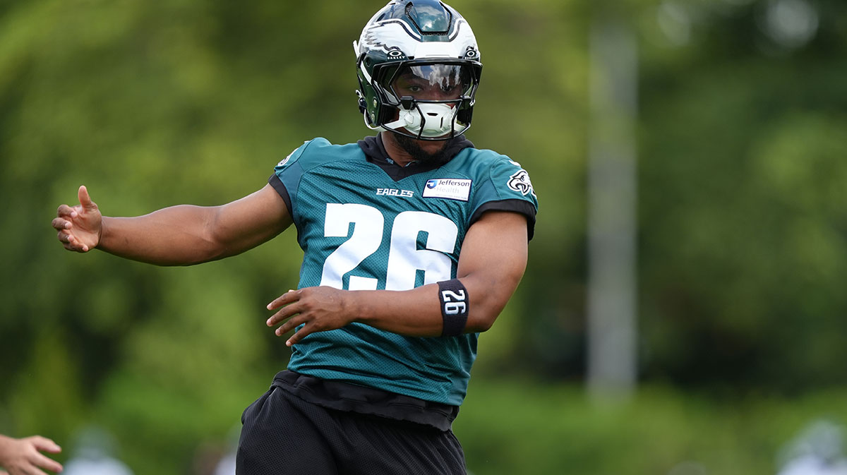 Philadelphia Eagles running back Saquon Barkley (26) reacts during a practice drill at NovaCare Complex.