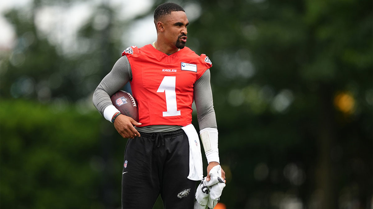 Philadelphia Eagles quarterback Jalen Hurts (1) looks on during a practice drill at NovaCare Complex.