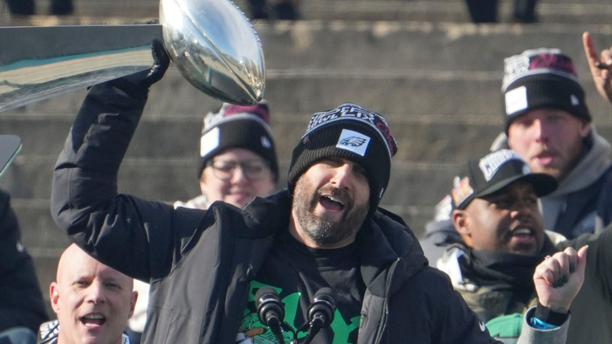 Eagles head coach Nick Sirianni holds up the Vince Lombardi trophy during the Philadelphia Eagles Super Bowl celebration in front of the Philadelphia Museum of Art, Friday, Feb. 14, 2025.