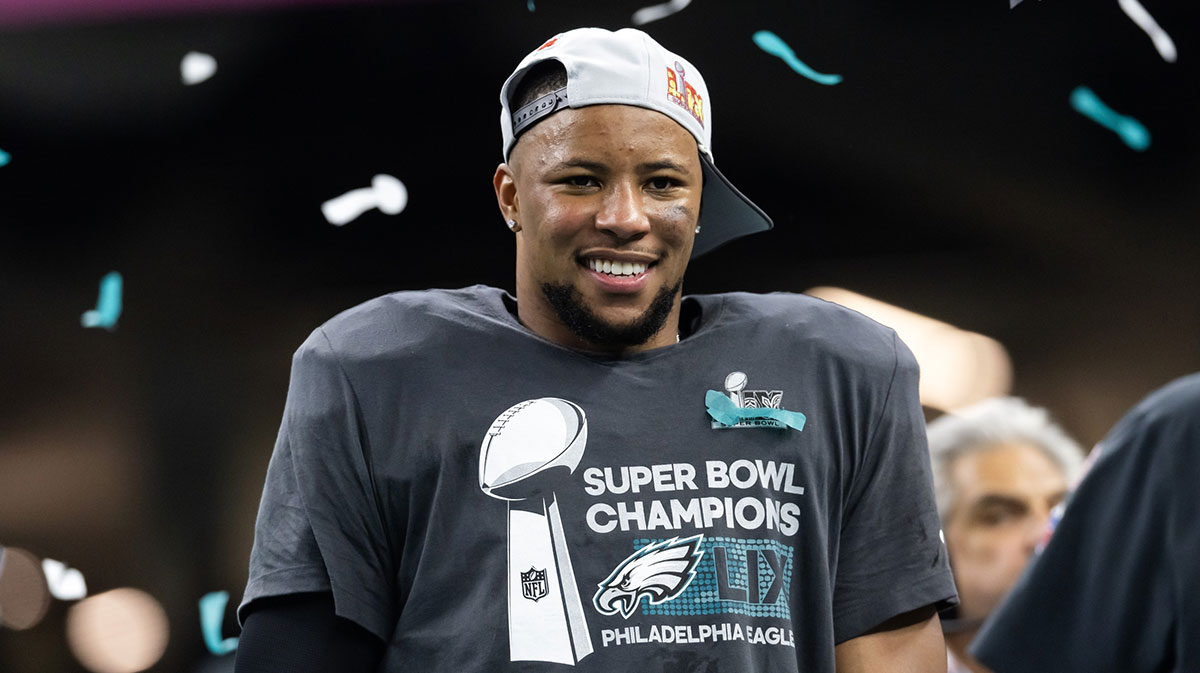 Philadelphia Eagles running back Saquon Barkley (26) celebrates after defeating the Kansas City Chiefs during Super Bowl LIX at Ceasars Superdome.
