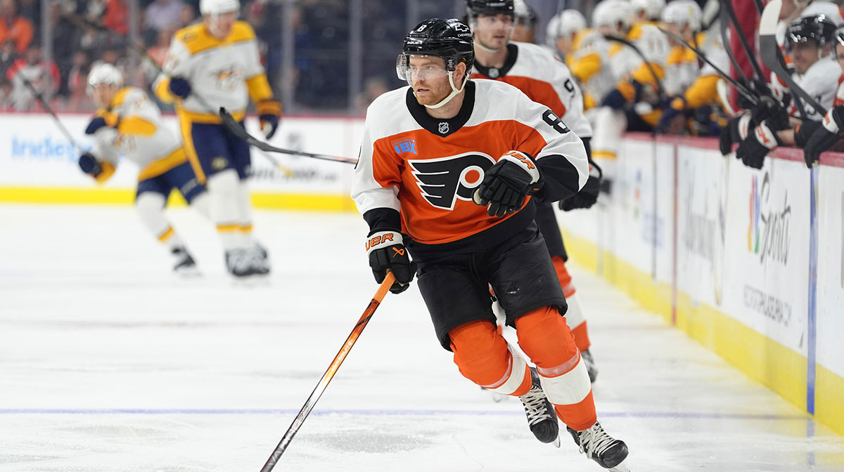 Philadelphia Flyers defenseman Cam York (8) chases the puck against the Nashville Predators in the first period at Wells Fargo Center.