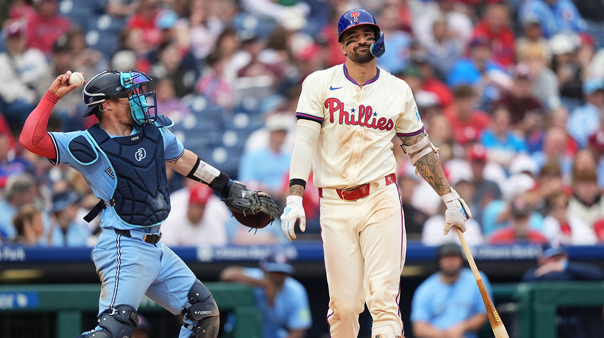 Philadelphia Phillies outfielder Nick Castellanos (8) reacts after striking out against the Toronto Blue Jays in the sixth inning at Citizens Bank Park.