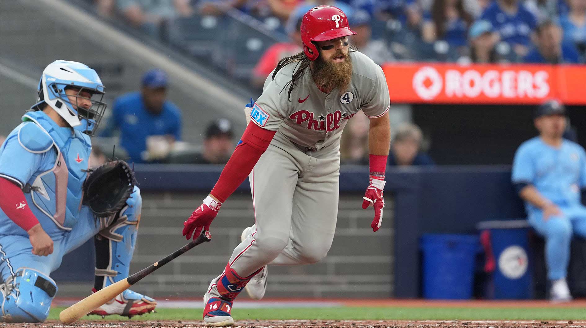 Philadelphia Phillies centre fielder Brandon Marsh (16) hits into a fielders choice and gets on first base against the Toronto Blue Jays during the third inning at Rogers Centre.