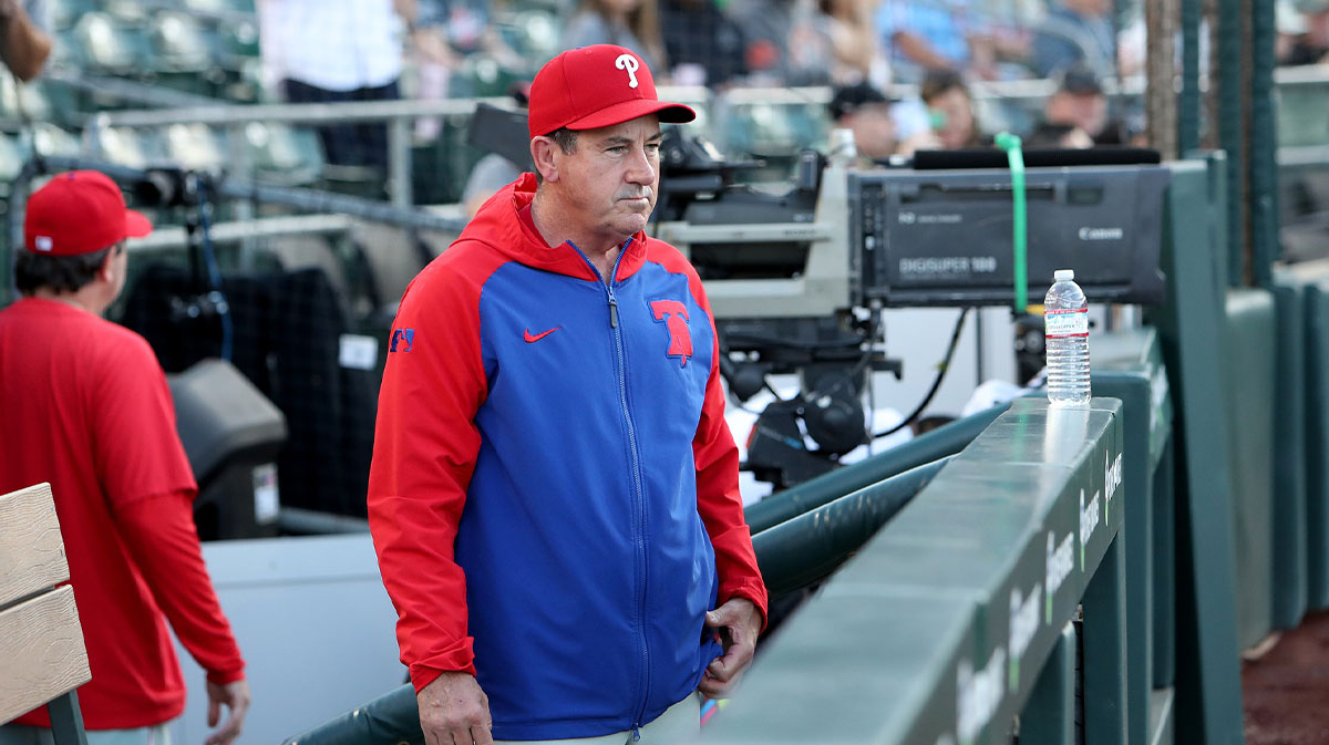 Philadelphia Phillies manager Rob Thomson (59) in the dugout before the start of the game against the Athletics at Sutter Health Park. 