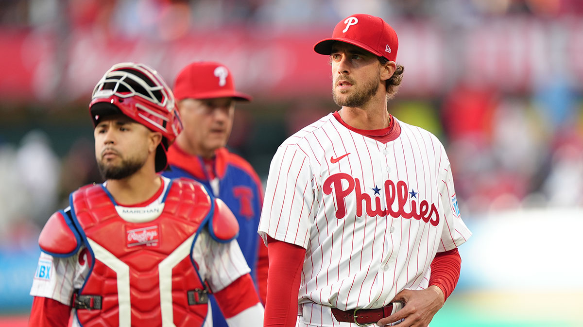 Philadelphia Phillies starting pitcher Aaron Nola (27) looks on before the game against the San Francisco Giants at Citizens Bank Park.