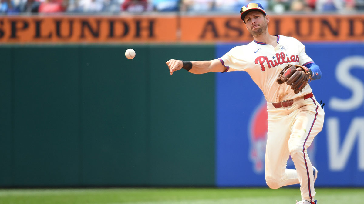 Philadelphia Phillies shortstop Trea Turner (7) throws to first base during the fourth inning against the Milwaukee Brewers at Citizens Bank Park.