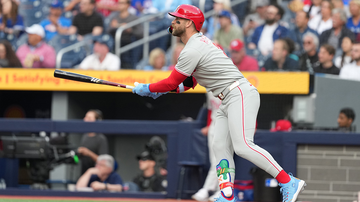 Philadelphia Phillies first baseman Bryce Harper (3) reacts after hitting a home run against the Toronto Blue Jays during the first inning at Rogers Centre.