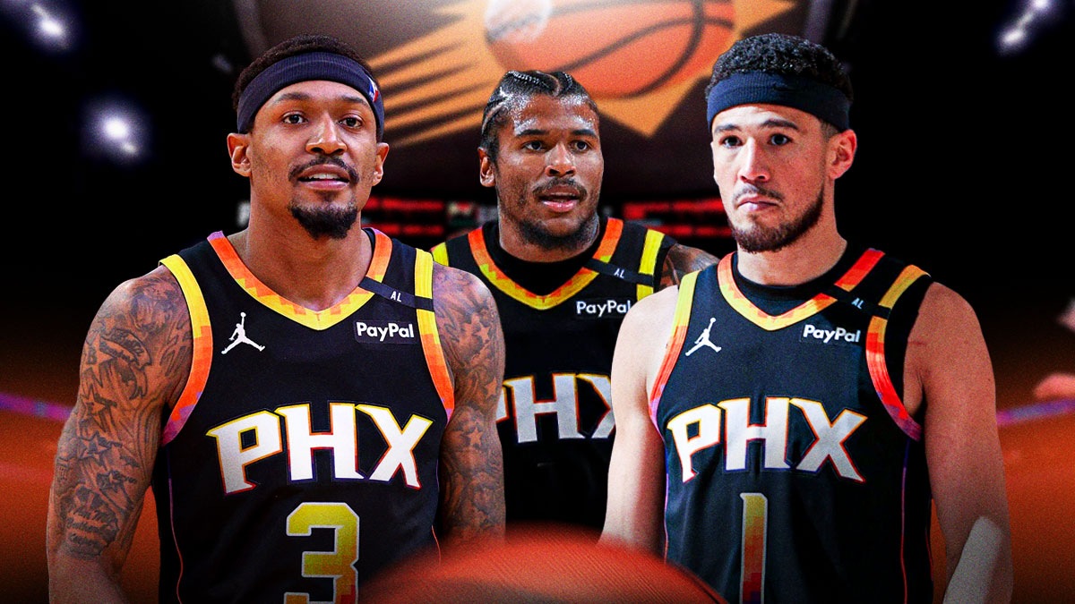 Jalen Green, Bradley Beal, and Devin Booker all in Phoenix Suns jerseys with a background of PHX arena.