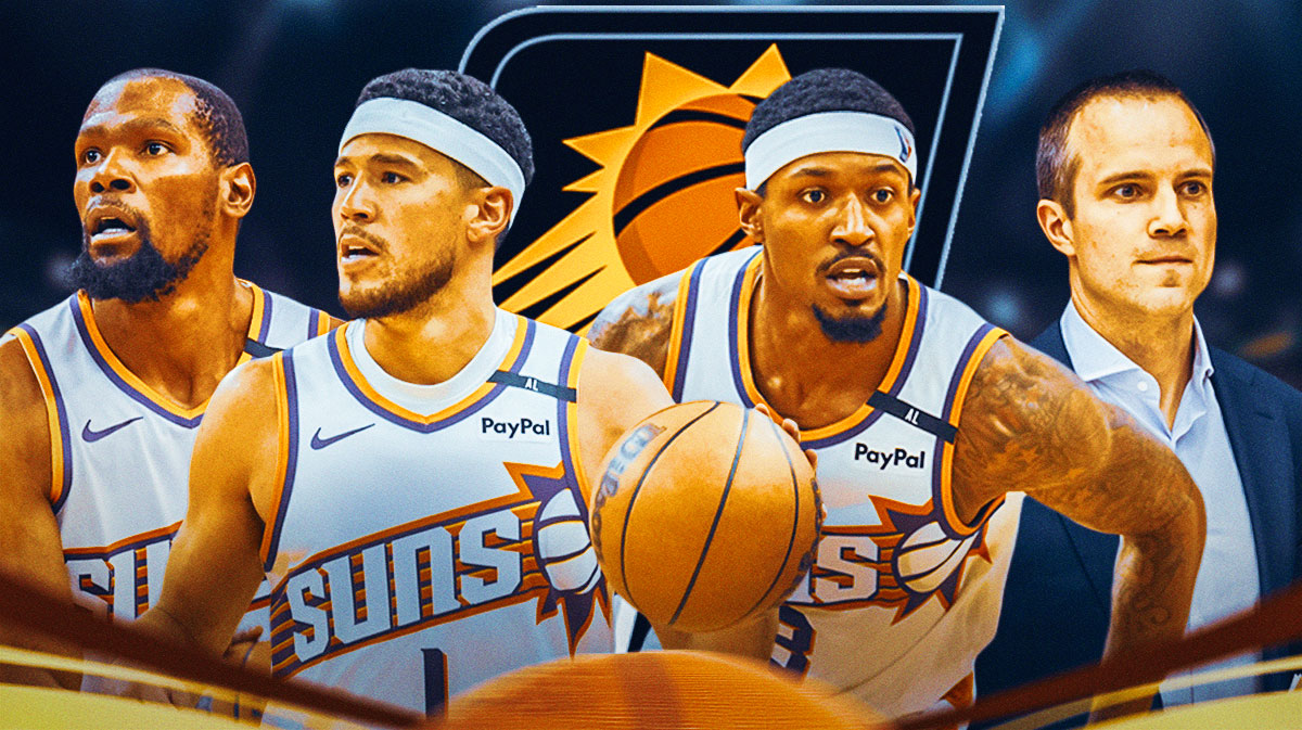 Kevin Durant, Devin Booker, Bradley Beal, coach Jordan Ott beside each other, Phoenix Suns logo in the background