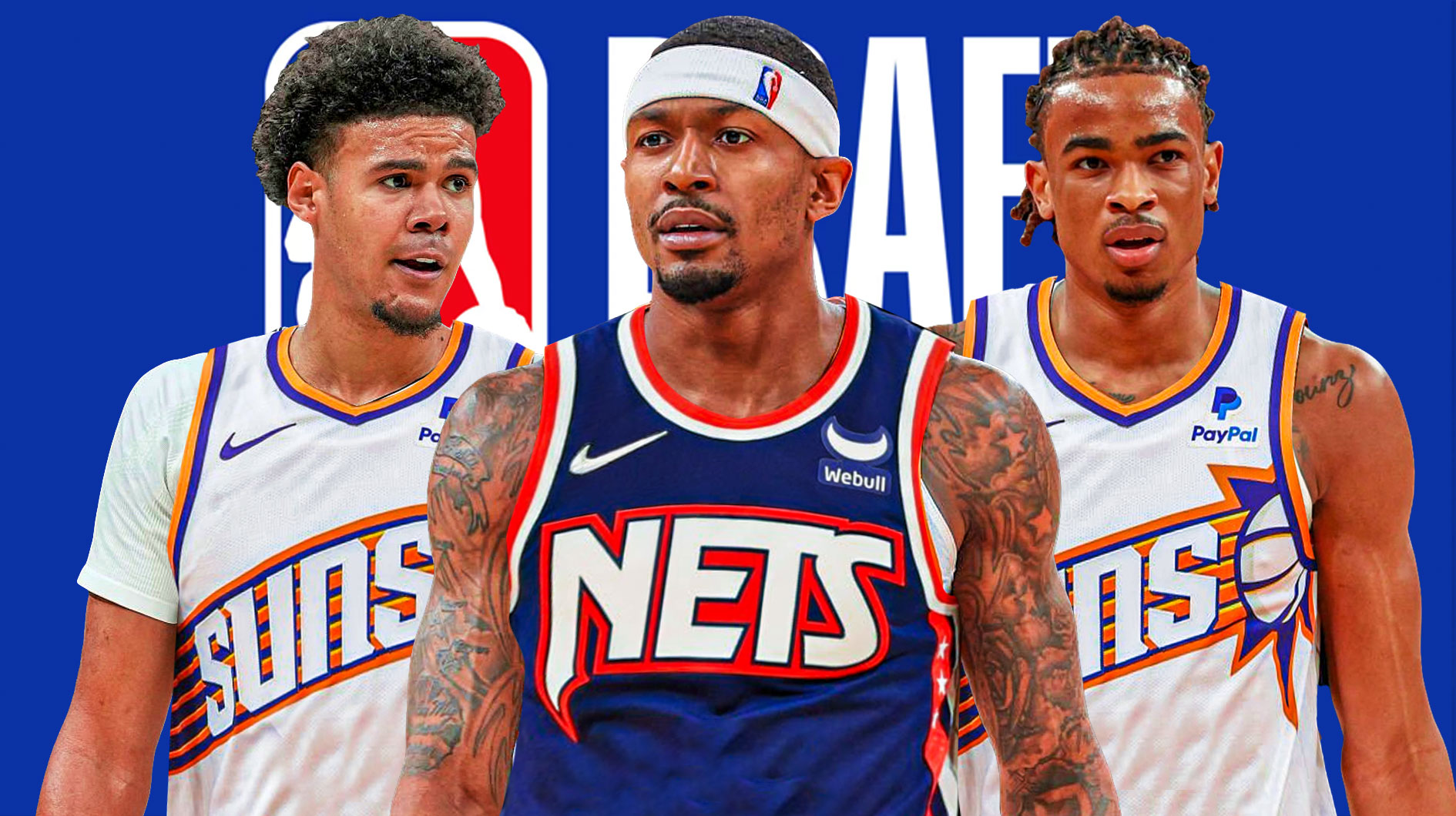 Cam Johnson and Nic Claxton in Phoenix Suns jerseys, and Bradley Beal in a Brooklyn Nets jersey, with the NBA Draft logo in the background.