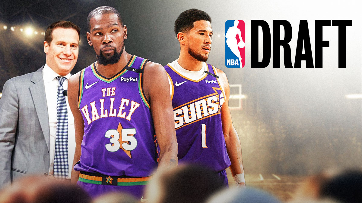 Suns' Kevin Durant and Devin Booker looking at Mat Ishbia, with NBA Draft logo beside them