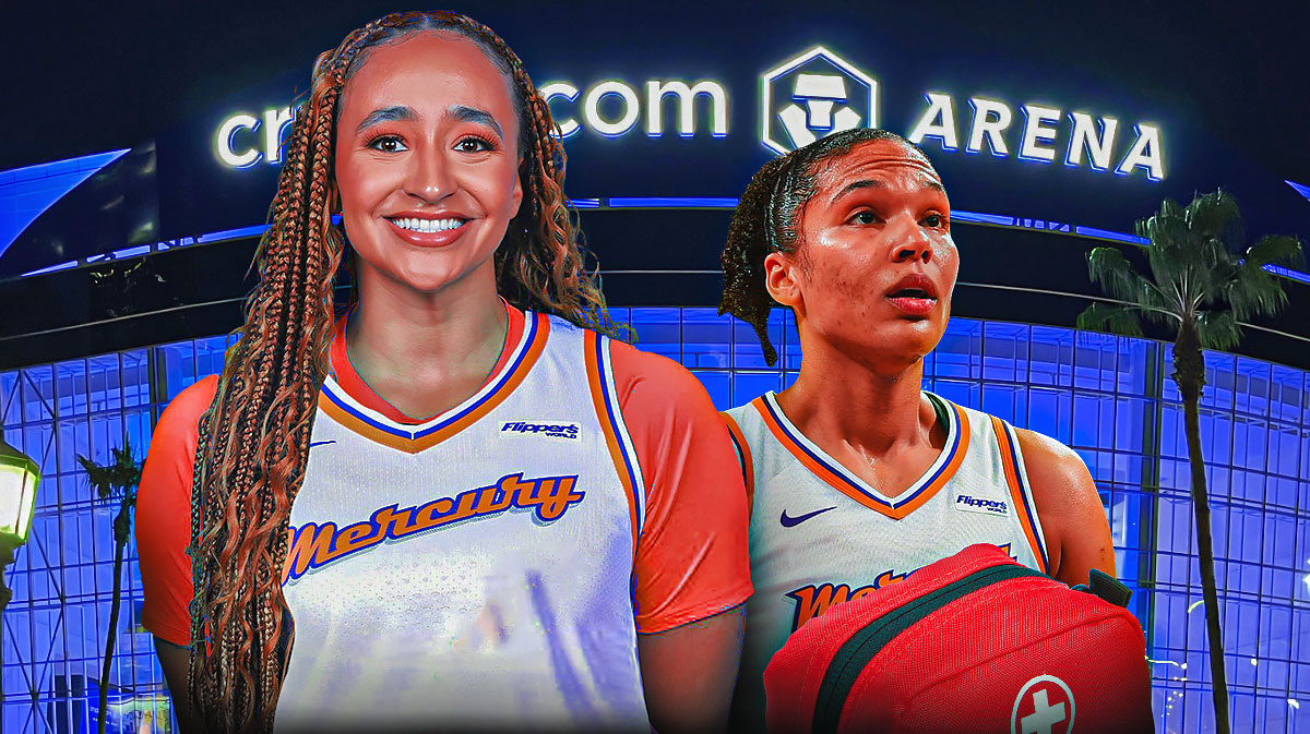 Haley Jones in a Phoenix Mercury jersey, with a background of the Crypto.com arena, and Alyssa Thomas in a Mercury jersey with medical signs around her.