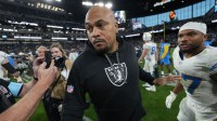 Las Vegas Raiders coach Antonio Pierce leaves the field after the game against the Los Angeles Chargers at Allegiant Stadium.