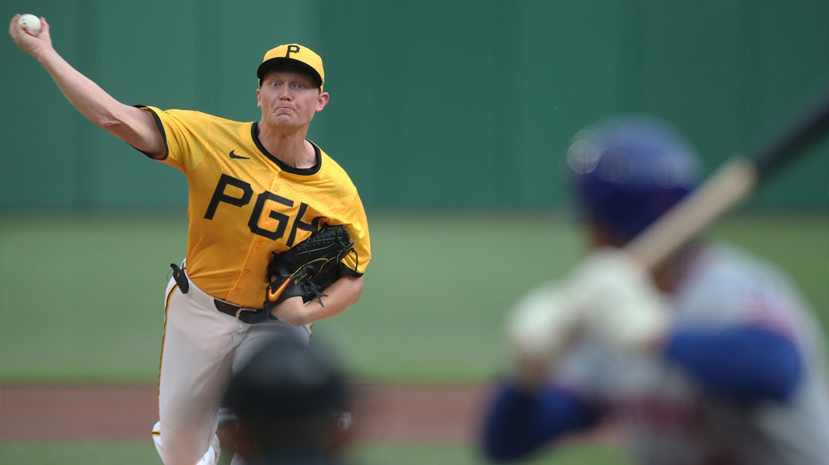 Pittsburgh Pirates starting pitcher Mitch Keller (23) delivers a pitch to New York Mets right fielder Juan Soto (22) during the first inning at PNC Park.