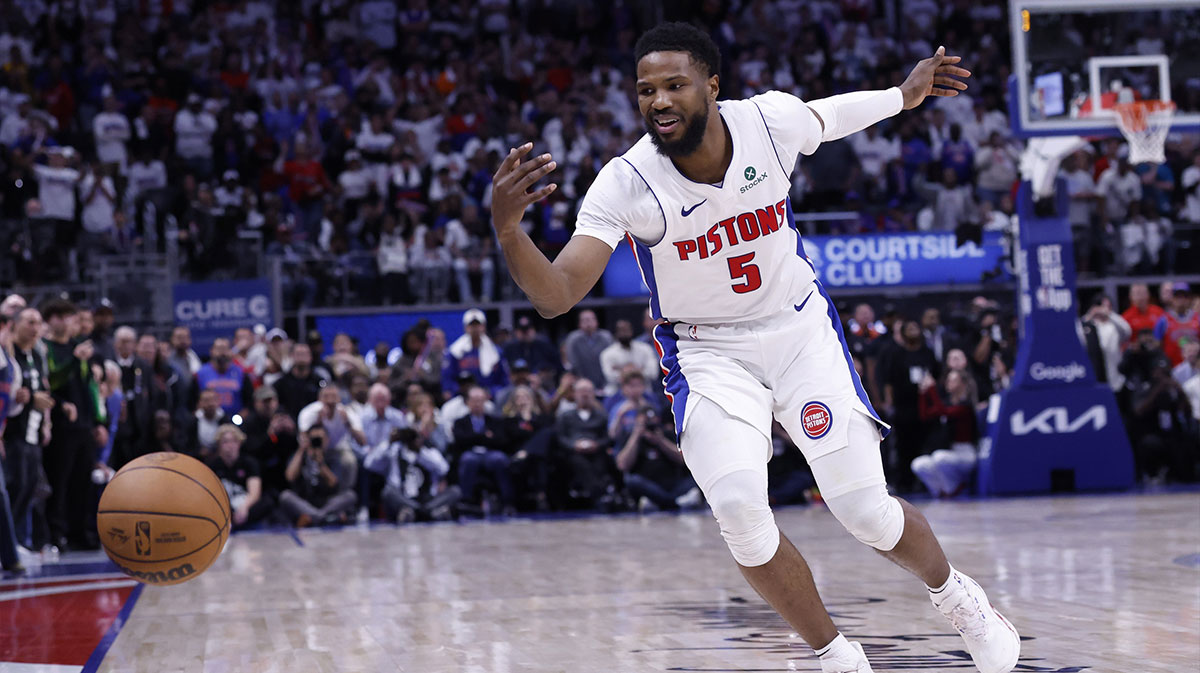 Detroit Pistons guard Malik Beasley (5) loose the ball in the fourth quarter against the New York Knicks during game six of first round for the 2024 NBA Playoffs at Little Caesars Arena.