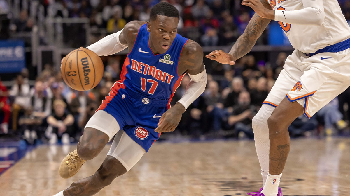 Detroit Pistons guard Dennis Schroder (17) drives to the basket against the New York Knicks during the second half at Little Caesars Arena.