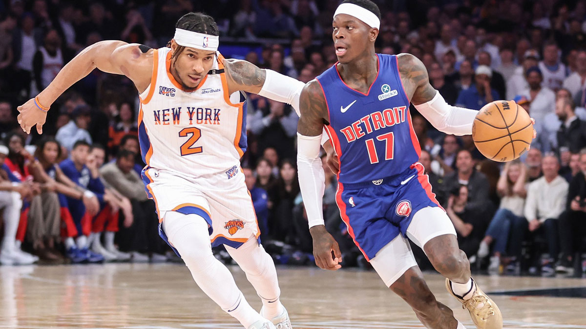 Detroit Pistons guard Dennis Schroder (17) drives past New York Knicks guard Miles McBride (2) in the fourth quarter during game five of first round for the 2025 NBA Playoffs at Madison Square Garden.