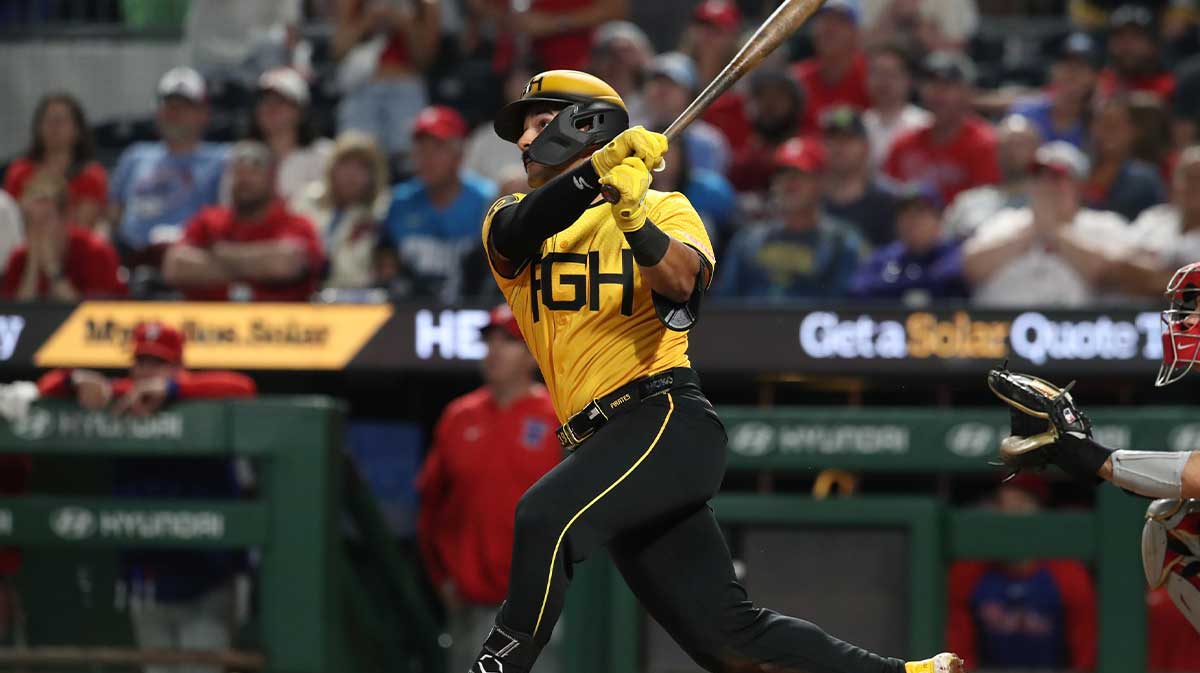 Pittsburgh Pirates second baseman Nick Gonzales (39) hits a game winning sacrifice fly RBI to defeat the Philadelphia Phillies during the ninth inning at PNC Park.