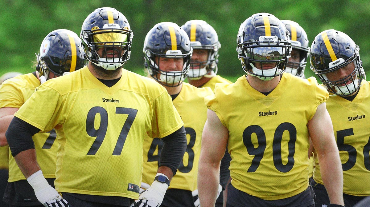 Pittsburgh Steelers defensive end Cameron Heyward (97) and linebacker TJ Watt (90) participate in organized team activities at UPMC Rooney Sports Complex.