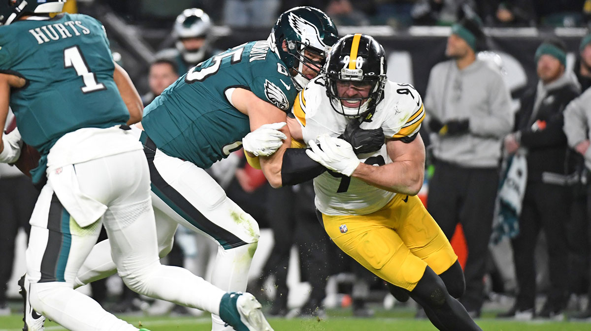 Philadelphia Eagles offensive tackle Lane Johnson (65) battles with Pittsburgh Steelers linebacker T.J. Watt (90) during the second quarter at Lincoln Financial Field.