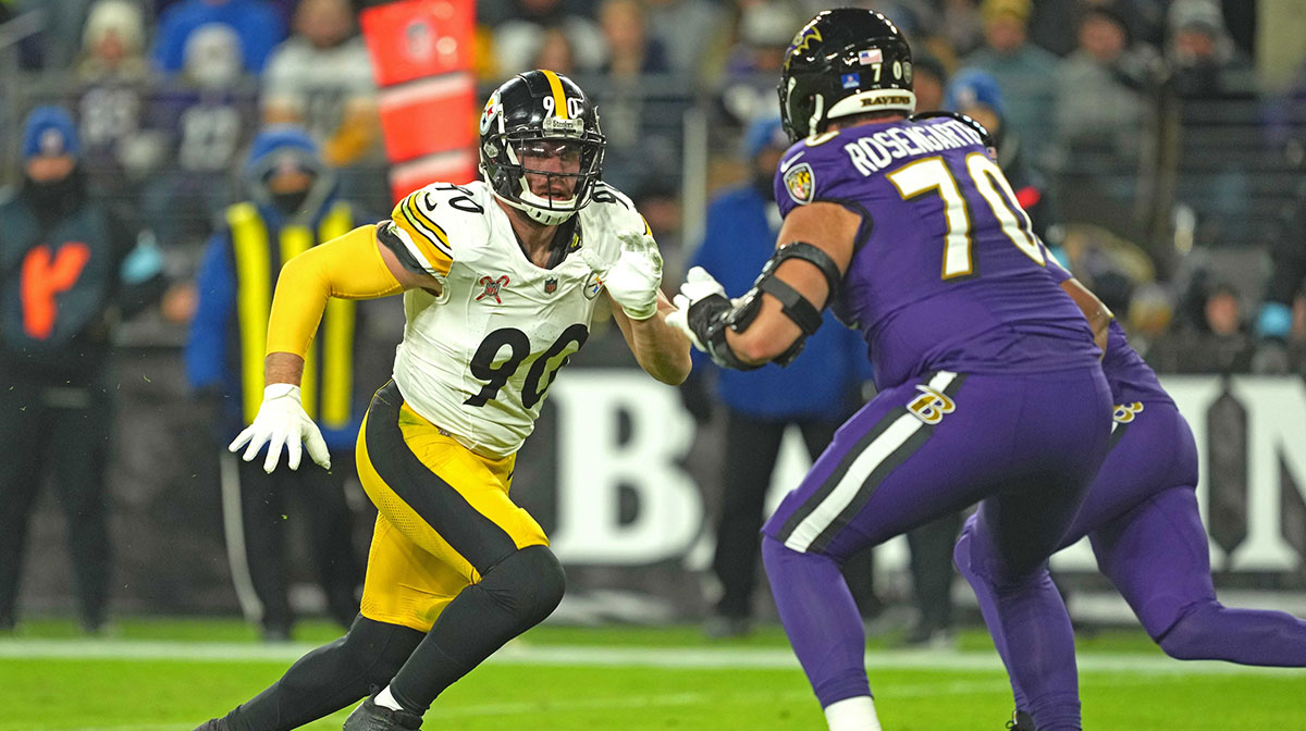 Pittsburgh Steelers linebacker T.J. Watt (90) rushes in the second quarter against Baltimore Ravens tackle Roger Rosengarten (70) at M&T Bank Stadium.
