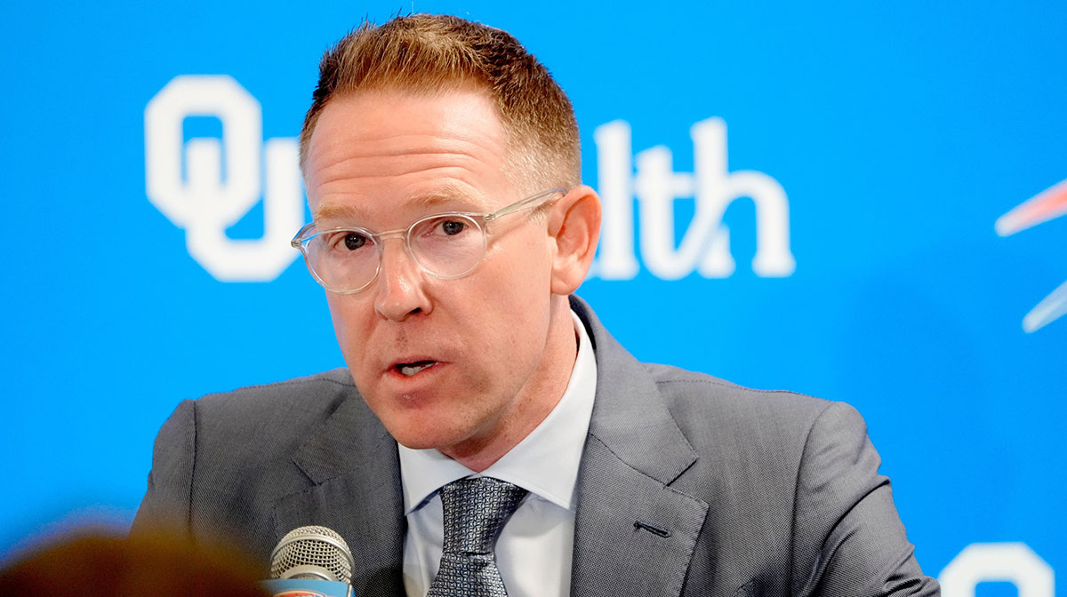 Thunder general manager Sam Presti speaks during an introductory press conference for the 2024 Thunder draft picks at Oklahoma Contemporary Arts Center in Oklahoma City, Saturday, June, 29, 2024.