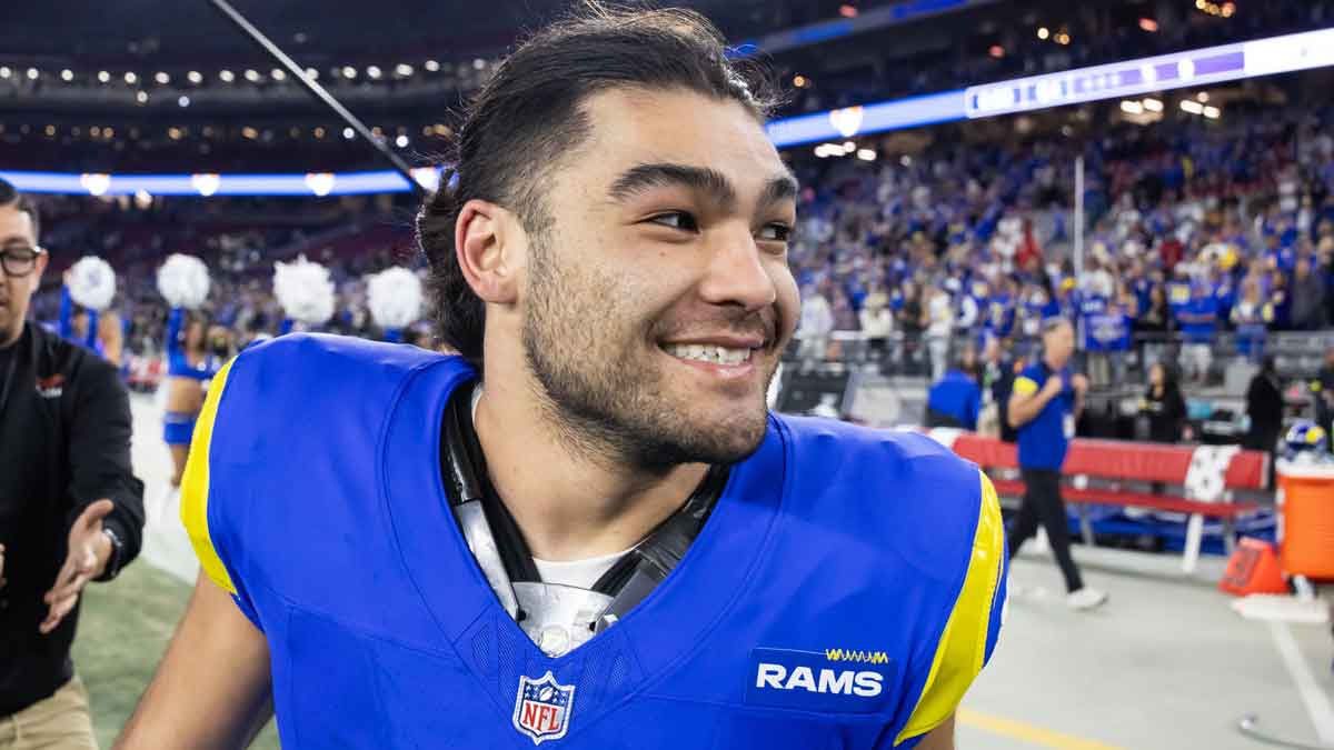 Los Angeles Rams wide receiver Puka Nacua (17) celebrates after defeating the Minnesota Vikings during an NFC wild card game at State Farm Stadium.