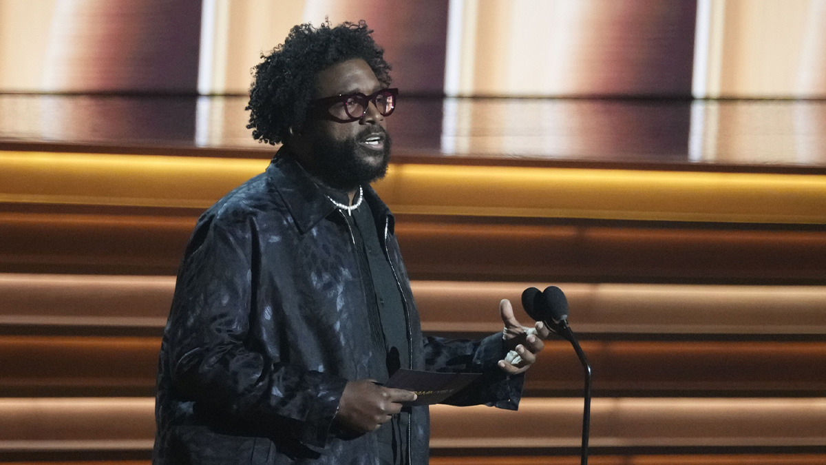 Apr 3, 2022; Las Vegas, NV, USA; Questlove presents the award for song of the year during the 64th Annual Grammy Awards at the MGM Grand Garden Arena in Las Vegas. Mandatory Credit: Robert Hanashiro-USA TODAY