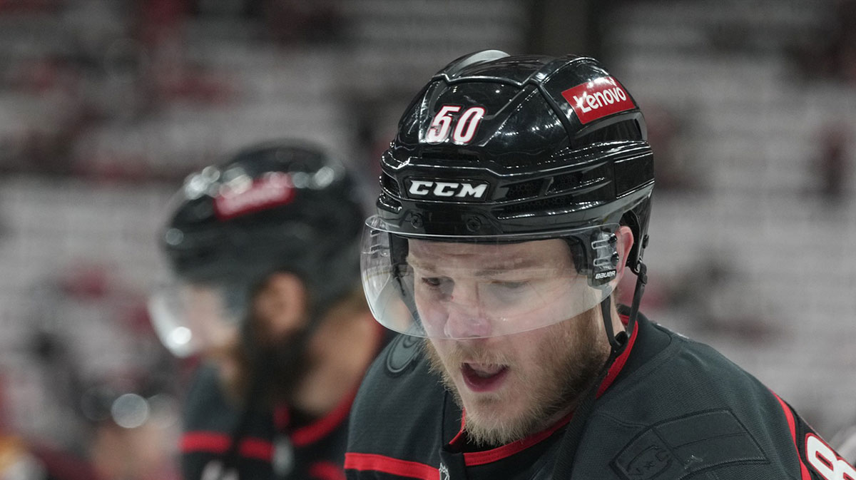 May 28, 2025; Raleigh, North Carolina, USA; Carolina Hurricanes forward Eric Robinson (50) warms up prior to the game against the Florida Panthers in game five of the Eastern Conference Final of the 2025 Stanley Cup Playoffs at Lenovo Center. Mandatory Credit: James Guillory-Imagn Images
