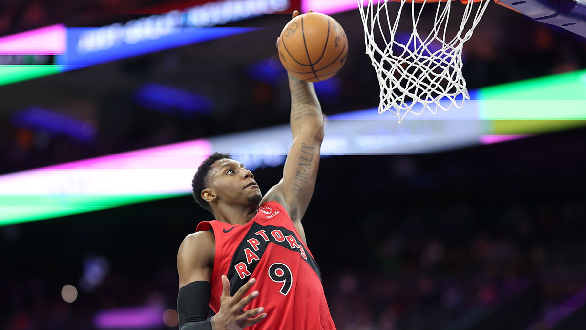 Toronto Raptors guard RJ Barrett (9) dunks the ball against the Philadelphia 76ers during the fourth quarter at Wells Fargo Center.