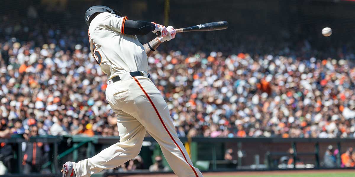 Jun 19, 2025; San Francisco, California, USA; San Francisco Giants infielder Rafael Devers (16) singles during the eighth inning against the Cleveland Guardians at Oracle Park.