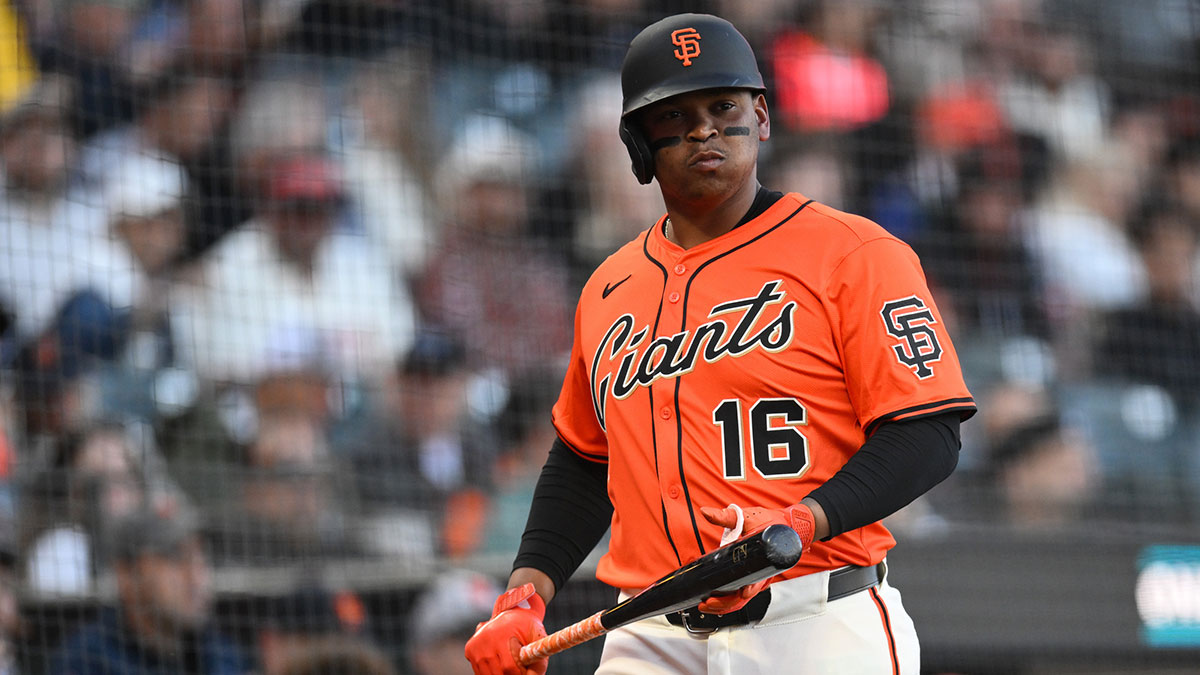 San Francisco Giants designated hitter Rafael Devers (16) waits to bat against the Boston Red Sox in the first inning at Oracle Park.