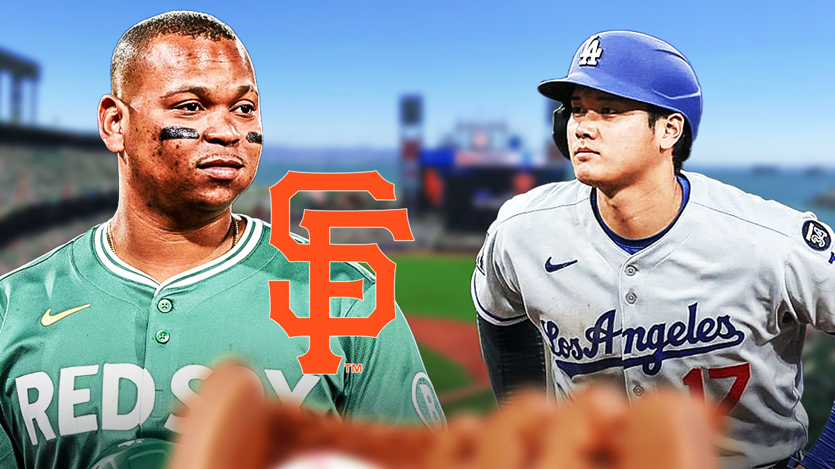 Rafael Devers with SF Giants on left, Shohei Ohtani on right