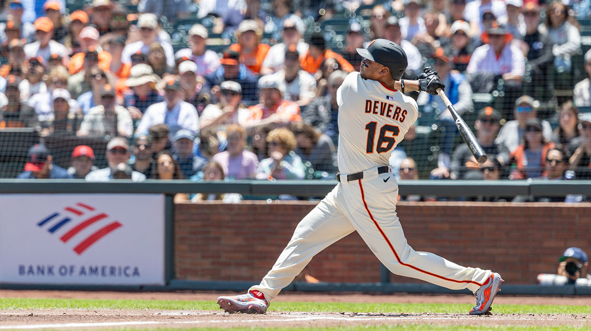 San Francisco Giants infielder Rafael Devers (16) takes a big swing during the first inning against the Cleveland Guardians at Oracle Park.