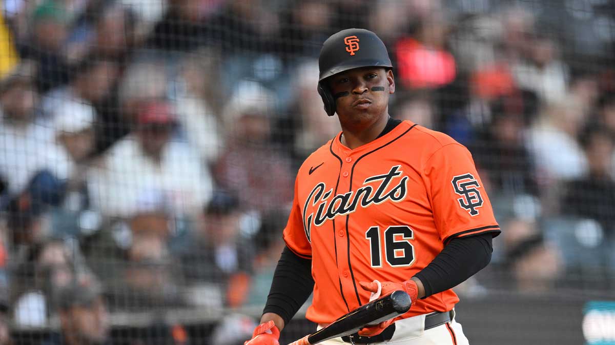 Jun 20, 2025; San Francisco, California, USA; San Francisco Giants designated hitter Rafael Devers (16) waits to bat against the Boston Red Sox in the first inning at Oracle Park. Mandatory Credit: Eakin Howard-Imagn Images