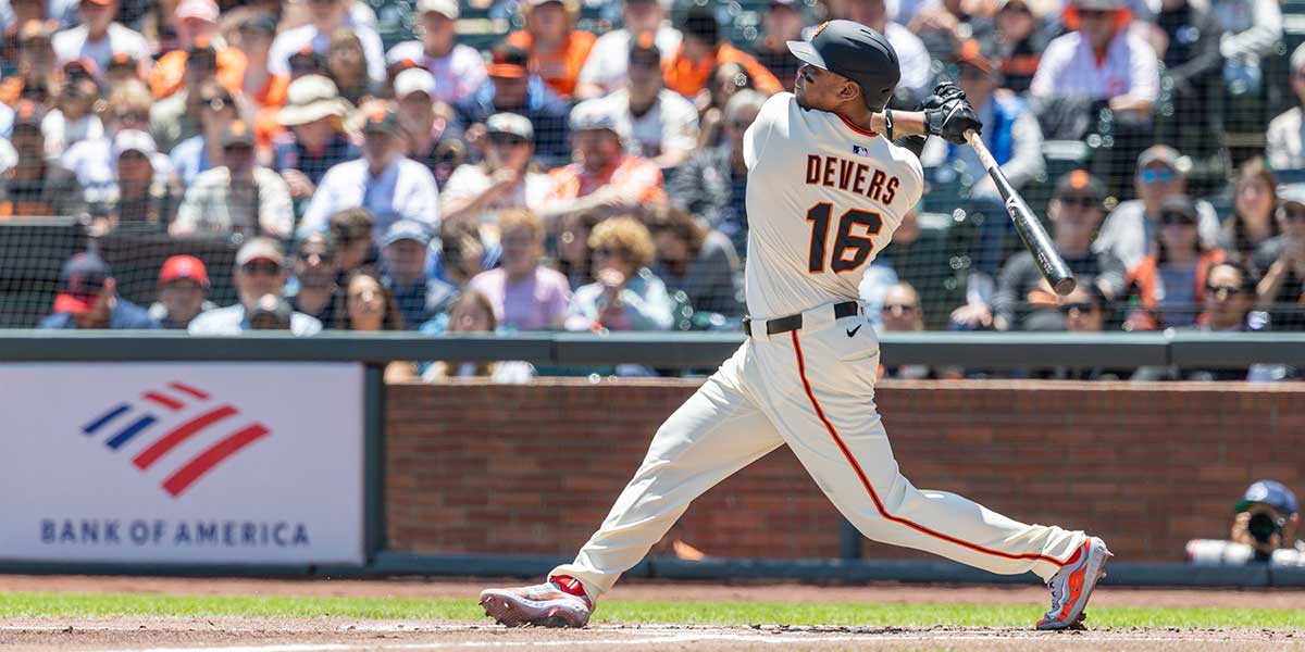 Jun 19, 2025; San Francisco, California, USA; San Francisco Giants infielder Rafael Devers (16) takes a big swing during the first inning against the Cleveland Guardians at Oracle Park. Mandatory Credit: Bob Kupbens-Imagn Images