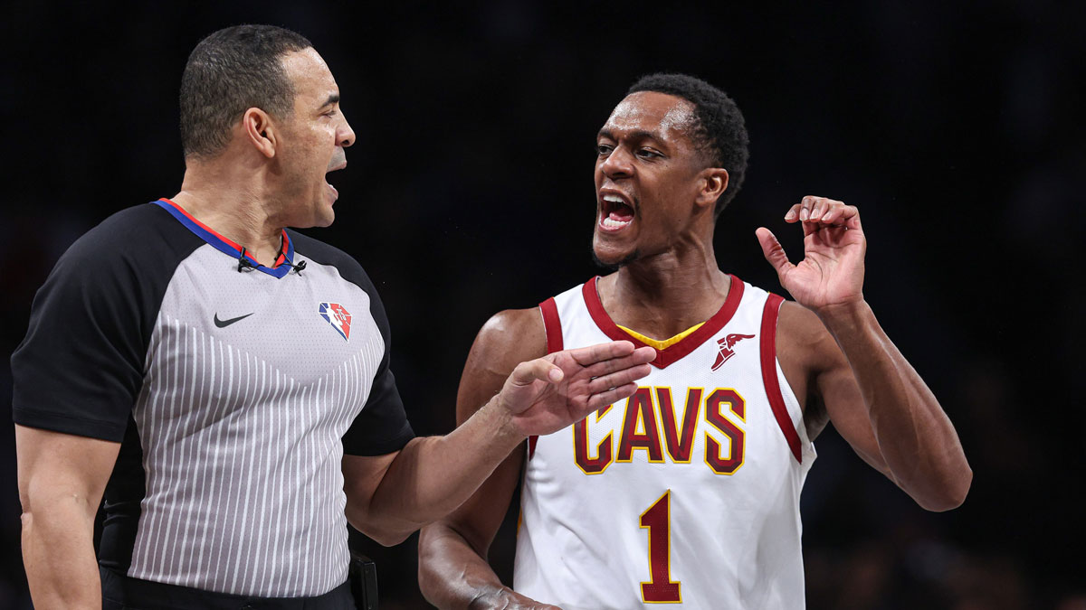 Cleveland Cavaliers guard Rajon Rondo (1) argues with referee Curtis Blair (74) during the second half against the Brooklyn Nets at Barclays Center.