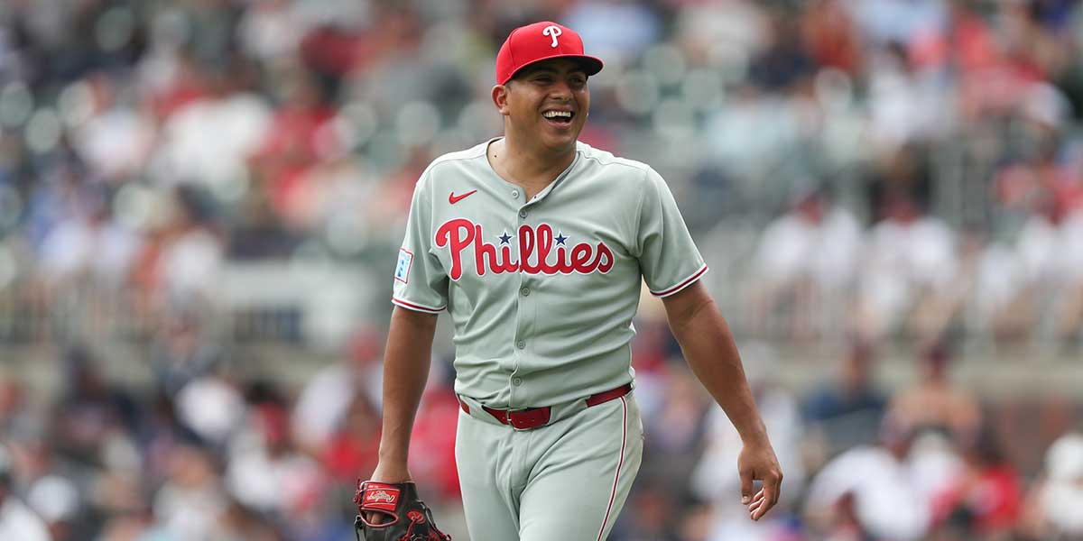 Philadelphia Phillies starting pitcher Ranger Suarez (55) reacts to his strikeout during a game against the Atlanta Braves during the sixth inning at Truist Park.