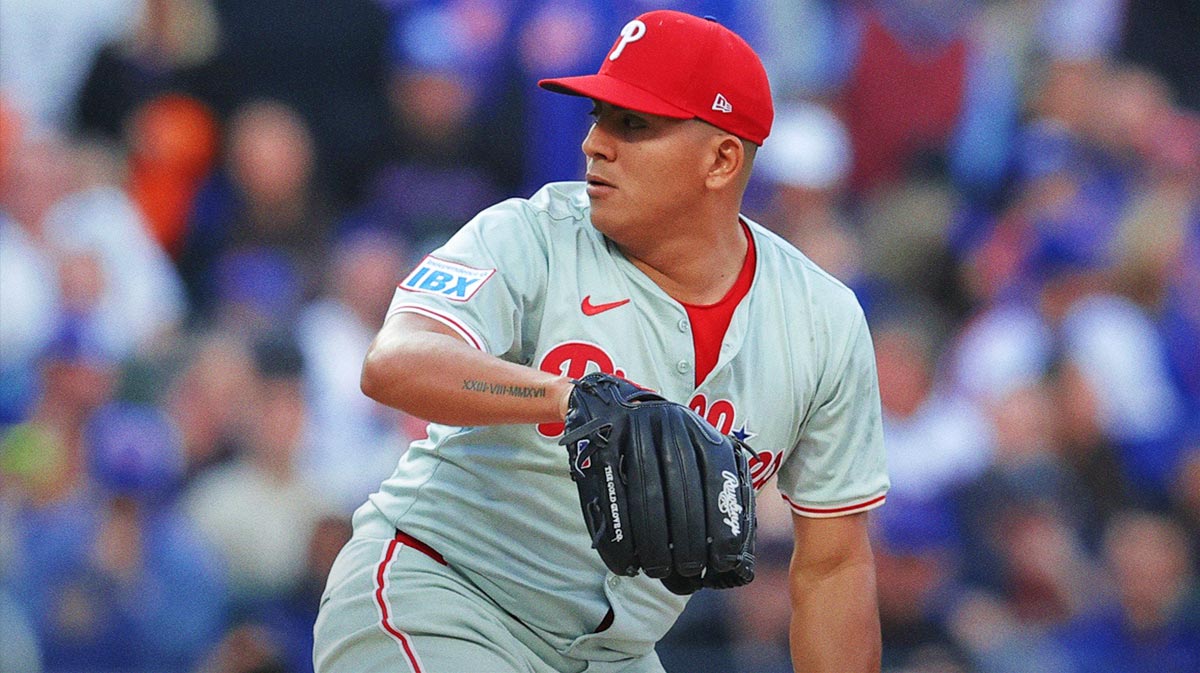 Philadelphia Phillies pitcher Ranger Suarez (55) throws a pitch against the New York Mets in the first inning in game four of the NLDS.