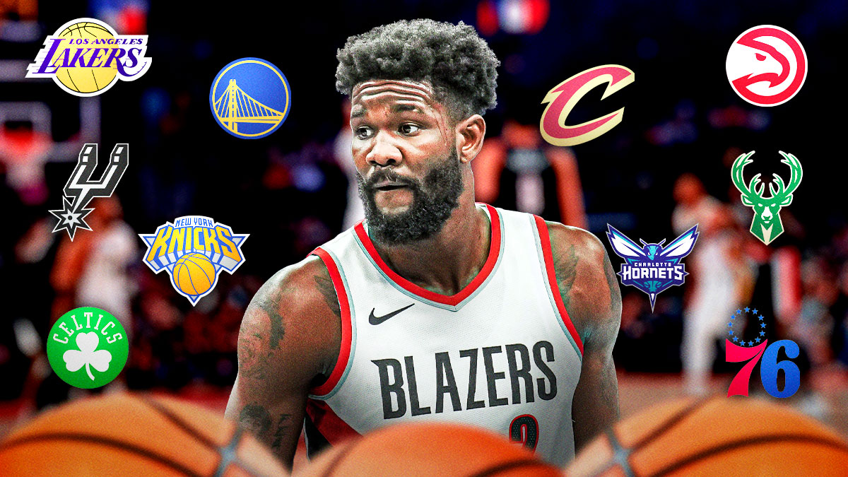 Deandre Ayton with multiple team logos around him