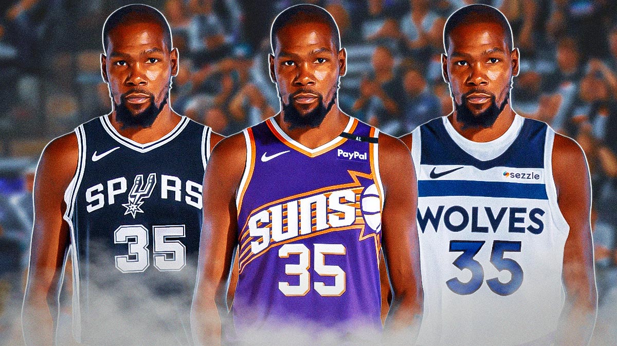 In middle is Kevin Durant in Suns jersey. On one side of him is Durant photoshopped in Spurs jersey (number 35), on other side he is photoshopped in Timberwolves jersey (number 35).