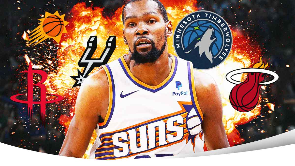 Kevin Durant in the middle, Phoenix Suns, San Antonio Spurs, Houston Rockets, Miami Heat, Minnesota Timberwolves logos around him, Explosions in the background