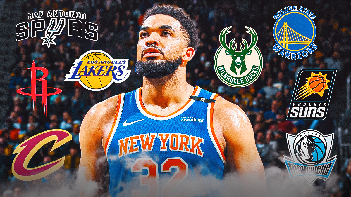 Knicks' Karl-Anthony Towns looking sad, with Lakers, Warriors, Bucks, Suns, Mavericks, Spurs, Rockets, Cavs logos all over him