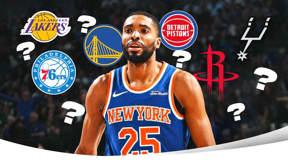 Knicks' Mikal Bridges looking serious, with Lakers, Warriors, Thunder, 76ers, Pistons, Rockets, Spurs logos around him, question marks all over