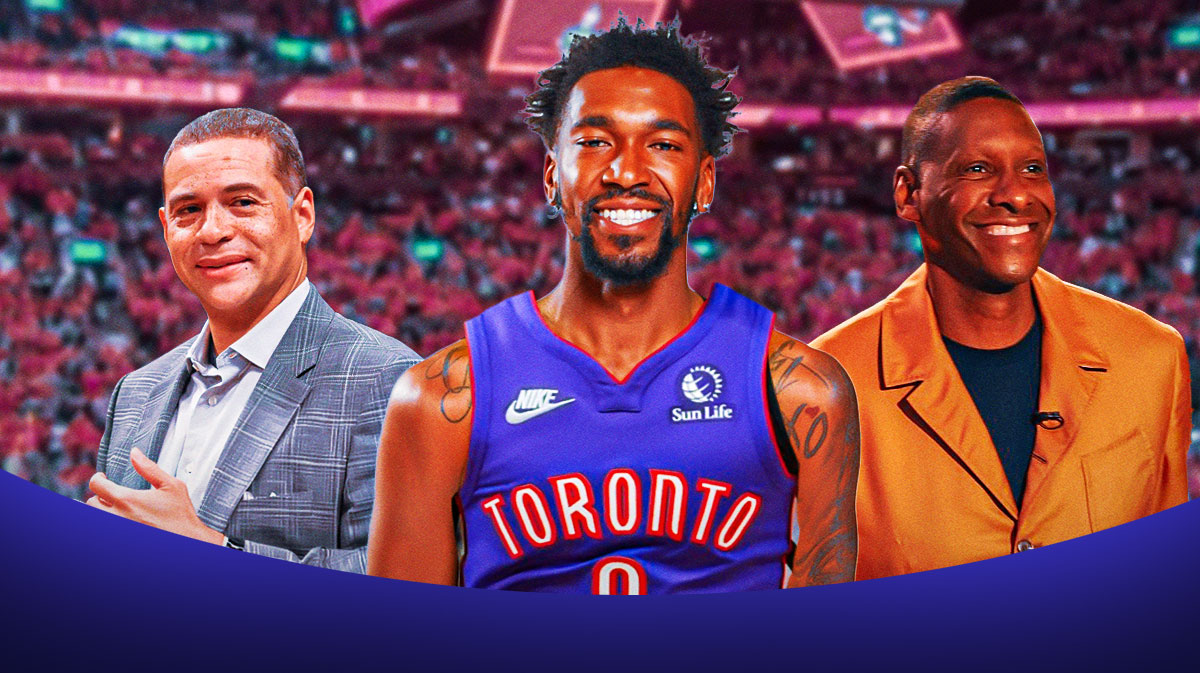 Malik Monk #0 in purple Toronto Raptors jersey with Scott Perry Kings to the left and Masai Ujiri Raptors to the right